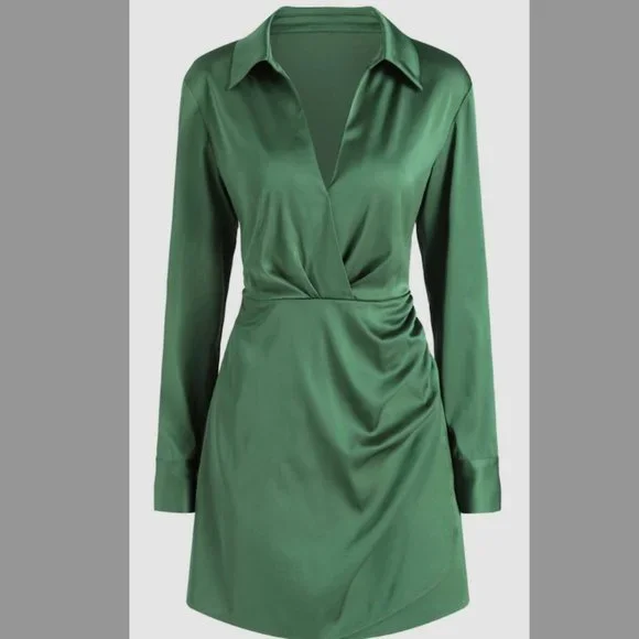 CIDER Satin Dirty Martini Long Sleeve Mini Dress with Glitter Accents for Graduation Coffee Shop Date Work Office Formal Evening Fall,S/Green